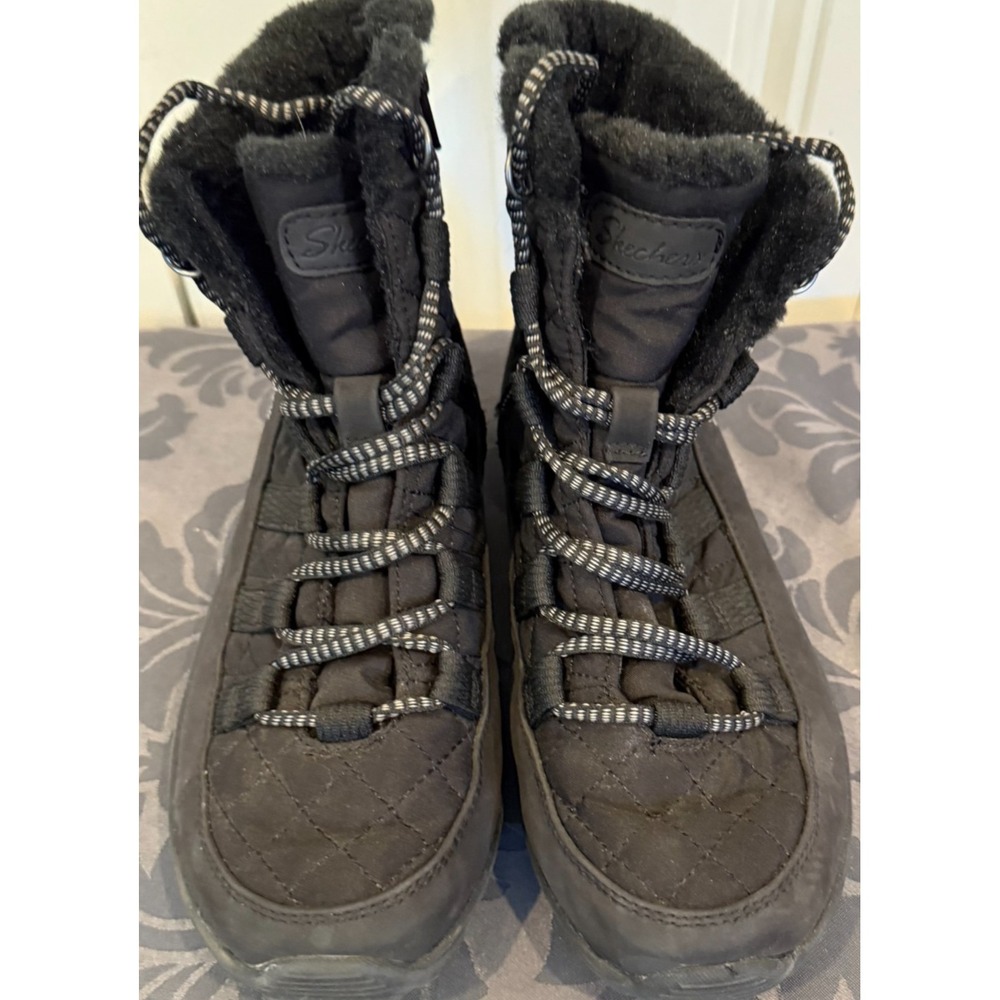 Skechers Women's Black Winter Boots Size 7 Fur Lined Lace Up Side Zip Cozy - Picture 2 of 6